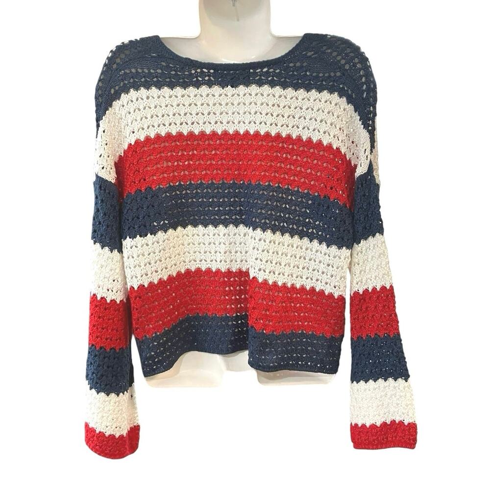 33 Degrees Women's Red/White/Blue Crochet 2 Button Front Cardigan Nautical SZ XL - Picture 2 of 9